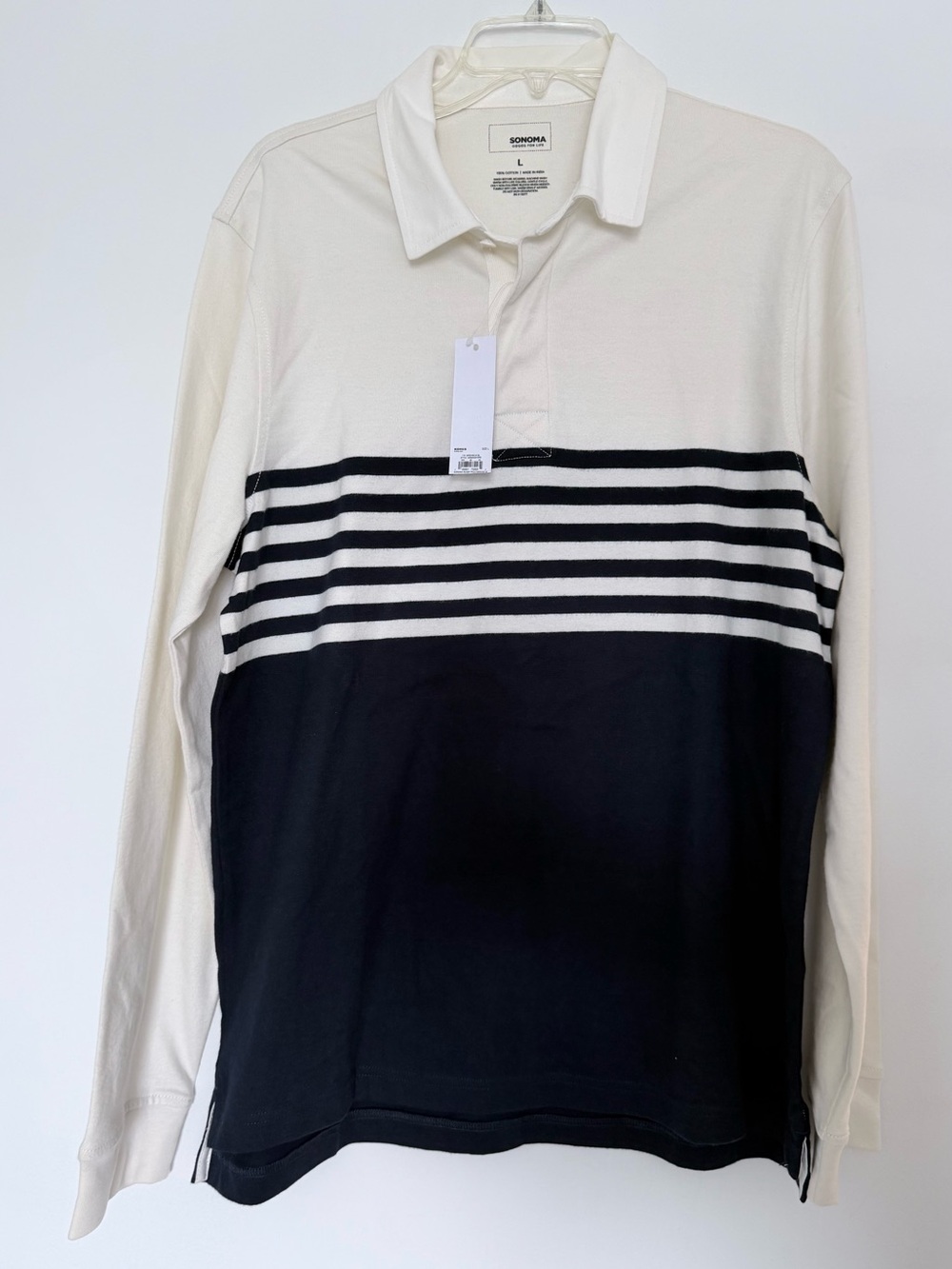 Sonoma Men’s Long-Sleeve Polo in Cream and Dark Blue